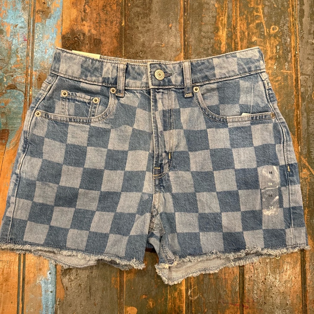 Blue Checkered Denim Shorts